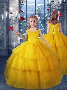 Trendy Gold Ball Gowns Organza V-neck Sleeveless Ruffled Layers Floor Length Lace Up Little Girls Pageant Dress