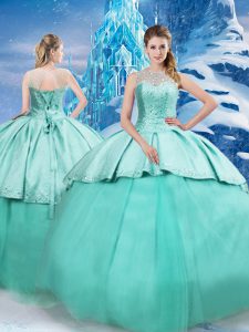 Charming Turquoise Sleeveless Brush Train Beading and Ruching Ball Gown Prom Dress