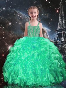 Most Popular Apple Green Sleeveless Beading and Ruffles Floor Length High School Pageant Dress