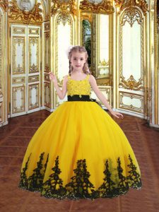 Gold Ball Gowns Tulle Spaghetti Straps Sleeveless Lace and Appliques Floor Length Zipper Pageant Dress