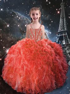 Latest Coral Red Straps Lace Up Beading and Ruffles Glitz Pageant Dress Sleeveless