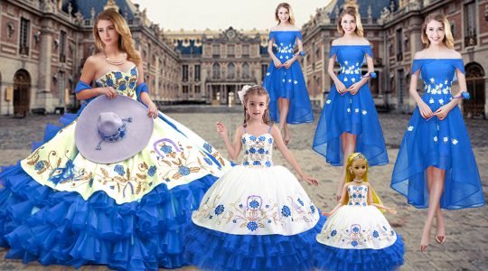 Royal Blue Organza Lace Up Sweetheart Sleeveless Floor Length Sweet 16 Quinceanera Dress Embroidery and Ruffled Layers