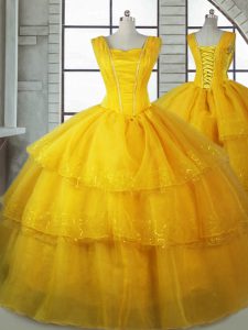 Sleeveless Organza Floor Length Lace Up Sweet 16 Dresses in Gold with Ruffled Layers
