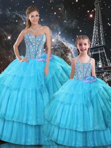 Comfortable Sweetheart Sleeveless Quinceanera Dresses Floor Length Ruffled Layers and Sequins Aqua Blue Organza and Tulle