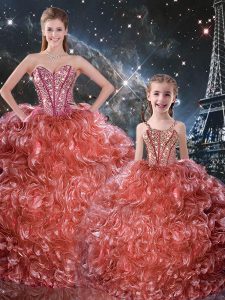 Customized Rust Red Organza Lace Up Sweetheart Sleeveless Floor Length Quince Ball Gowns Beading and Ruffles
