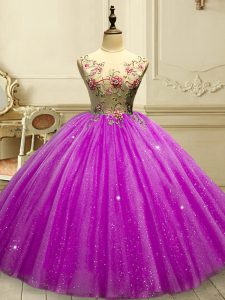 Scoop Sleeveless Ball Gown Prom Dress Floor Length Appliques and Sequins Fuchsia Tulle