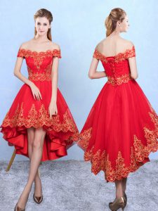 Clearance Wine Red Off The Shoulder Neckline Appliques Court Dresses for Sweet 16 Sleeveless Lace Up