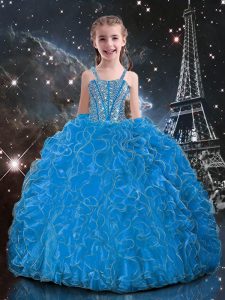Baby Blue Little Girls Pageant Gowns Quinceanera and Wedding Party with Beading and Ruffles Straps Sleeveless Lace Up