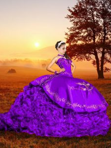 Stunning Lavender Lace Up Sweet 16 Dress Embroidery Sleeveless Brush Train