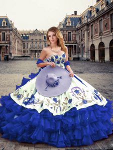 Trendy Sleeveless Floor Length Embroidery and Ruffled Layers Lace Up Vestidos de Quinceanera with Royal Blue