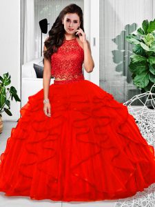 Floor Length Two Pieces Sleeveless Red Quinceanera Gowns Zipper