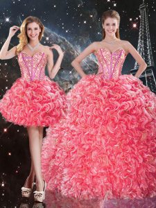 Fine Three Pieces 15th Birthday Dress Coral Red Sweetheart Organza Sleeveless Floor Length Lace Up