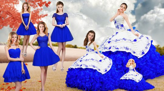 On Sale Royal Blue Lace Up Sweet 16 Dresses Embroidery and Ruffles Sleeveless Brush Train