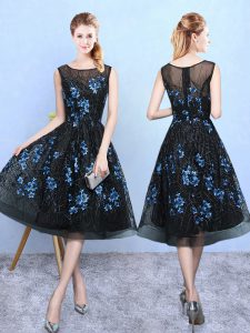 New Style Blue And Black Tulle Zipper Dama Dress for Quinceanera Sleeveless Knee Length Appliques