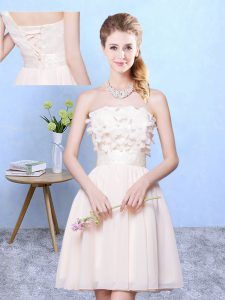 Custom Made Champagne Chiffon Lace Up Strapless Sleeveless Knee Length Quinceanera Dama Dress Appliques