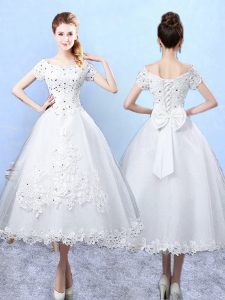 Charming Tulle Short Sleeves Ankle Length Quinceanera Dama Dress and Beading and Lace and Bowknot