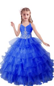 Blue V-neck Neckline Beading and Ruffled Layers Kids Pageant Dress Sleeveless Zipper