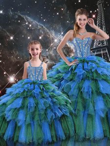 Multi-color Sleeveless Floor Length Beading and Ruffles and Ruffled Layers Lace Up 15 Quinceanera Dress
