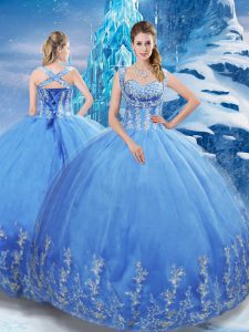 Sleeveless Floor Length Beading and Appliques Lace Up 15 Quinceanera Dress with Baby Blue