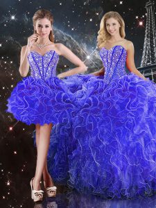 Blue Organza Lace Up Ball Gown Prom Dress Sleeveless Floor Length Beading and Ruffles