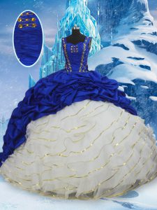 Sleeveless Taffeta Brush Train Lace Up Quinceanera Gown in Blue And White with Ruffled Layers and Pick Ups