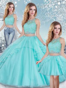 Aqua Blue Three Pieces Beading and Lace and Sequins Ball Gown Prom Dress Clasp Handle Tulle Sleeveless Floor Length