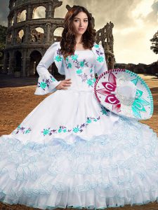 Nice Aqua Blue Square Neckline Embroidery and Ruffled Layers Quinceanera Gowns Long Sleeves Lace Up