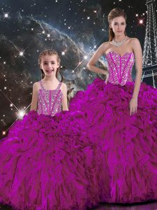 Luxury Fuchsia Organza Lace Up Sweetheart Sleeveless Floor Length Ball Gown Prom Dress Beading and Ruffles