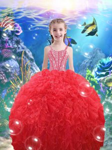 Glorious Sleeveless Organza Floor Length Lace Up Kids Formal Wear in Coral Red with Beading and Ruffles