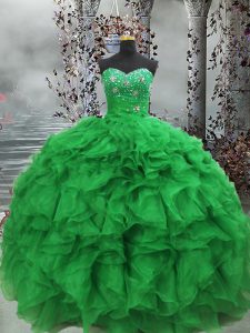 Green Sleeveless Floor Length Beading and Ruffles Lace Up Quinceanera Dress