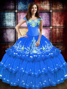 Blue Sleeveless Floor Length Embroidery and Ruffled Layers Lace Up Sweet 16 Dress