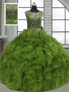 Ideal Olive Green Lace Up Sweet 16 Dresses Beading and Ruffles Sleeveless Floor Length