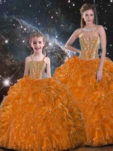 Hot Sale Organza Sweetheart Sleeveless Lace Up Beading and Ruffles Sweet 16 Dress in Orange