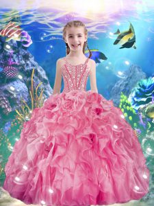 Unique Sleeveless Organza Floor Length Lace Up Pageant Dress for Teens in Rose Pink with Beading and Ruffles