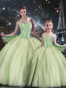 Hot Selling Yellow Green Tulle Lace Up Sweet 16 Quinceanera Dress Sleeveless Floor Length Beading