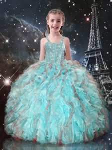 Inexpensive Aqua Blue Sleeveless Organza Lace Up Little Girl Pageant Gowns for Quinceanera and Wedding Party