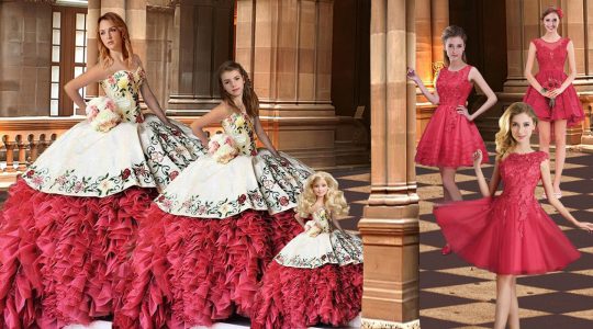 Sweetheart Sleeveless 15th Birthday Dress Brush Train Embroidery and Ruffles White And Red Taffeta