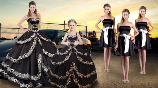 Floor Length Black Ball Gown Prom Dress Taffeta Sleeveless Embroidery and Ruffled Layers