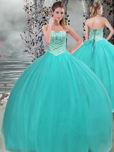 Sleeveless Floor Length Beading Lace Up Quinceanera Gowns with Turquoise