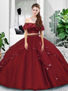 Classical Burgundy Two Pieces Off The Shoulder Sleeveless Tulle Floor Length Lace Up Lace and Ruffles Quince Ball Gowns