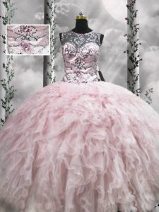 Pink Ball Gowns Scoop Sleeveless Tulle Floor Length Zipper Beading and Ruffles 15 Quinceanera Dress