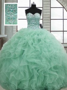 Perfect Apple Green Organza Lace Up Ball Gown Prom Dress Sleeveless Floor Length Beading and Ruffles