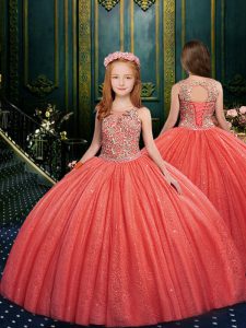 Glittering Floor Length Lace Up Pageant Dress Womens Watermelon Red for Quinceanera and Wedding Party with Appliques