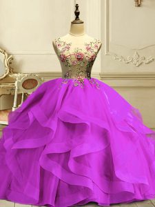Fuchsia Organza Lace Up Scoop Sleeveless Floor Length Vestidos de Quinceanera Appliques and Ruffles