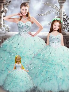 Aqua Blue Sleeveless Floor Length Beading and Ruffles Lace Up Quinceanera Gowns
