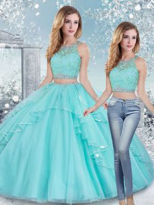 New Style Aqua Blue Ball Gown Prom Dress Military Ball and Sweet 16 and Quinceanera with Beading and Lace and Sashes ribbons Scoop Sleeveless Clasp Handle