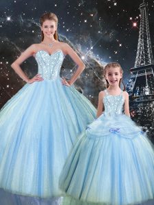 Beautiful Baby Blue Ball Gowns Beading Quinceanera Dresses Lace Up Tulle Sleeveless Floor Length