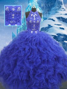 Blue Sleeveless Organza Lace Up Quince Ball Gowns for Military Ball and Sweet 16 and Quinceanera