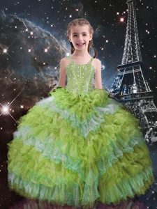 Yellow Green Ball Gowns Organza Straps Sleeveless Beading and Ruffled Layers Floor Length Lace Up Little Girl Pageant Dress