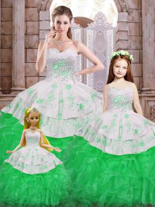 Beading and Appliques and Ruffles Sweet 16 Dress Green Lace Up Sleeveless Floor Length